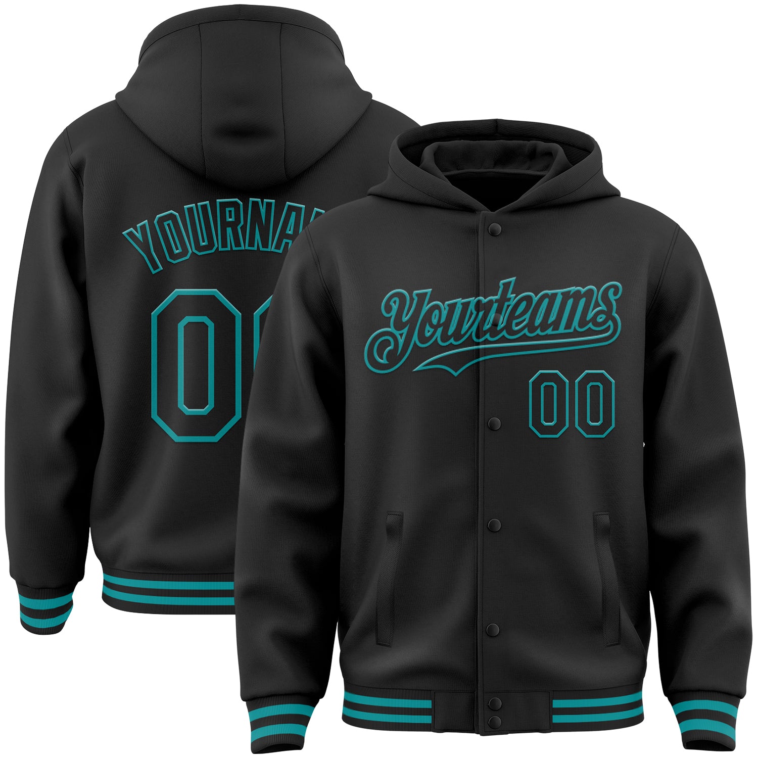 Custom Name Number Personalized Varsity Letterman Hoodie Jacket Black Teal Full-Snap Bomber Style Personalized Black Teal