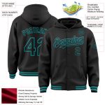 Custom Name Number Personalized Varsity Letterman Hoodie Jacket Black Teal Full-Snap Bomber Style Personalized Black Teal
