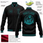 Personalized Varsity Letterman Jacket Black Teal Full-Snap Bomber Style 2 Personalized Black Teal Bomber Full-Snap Varsity