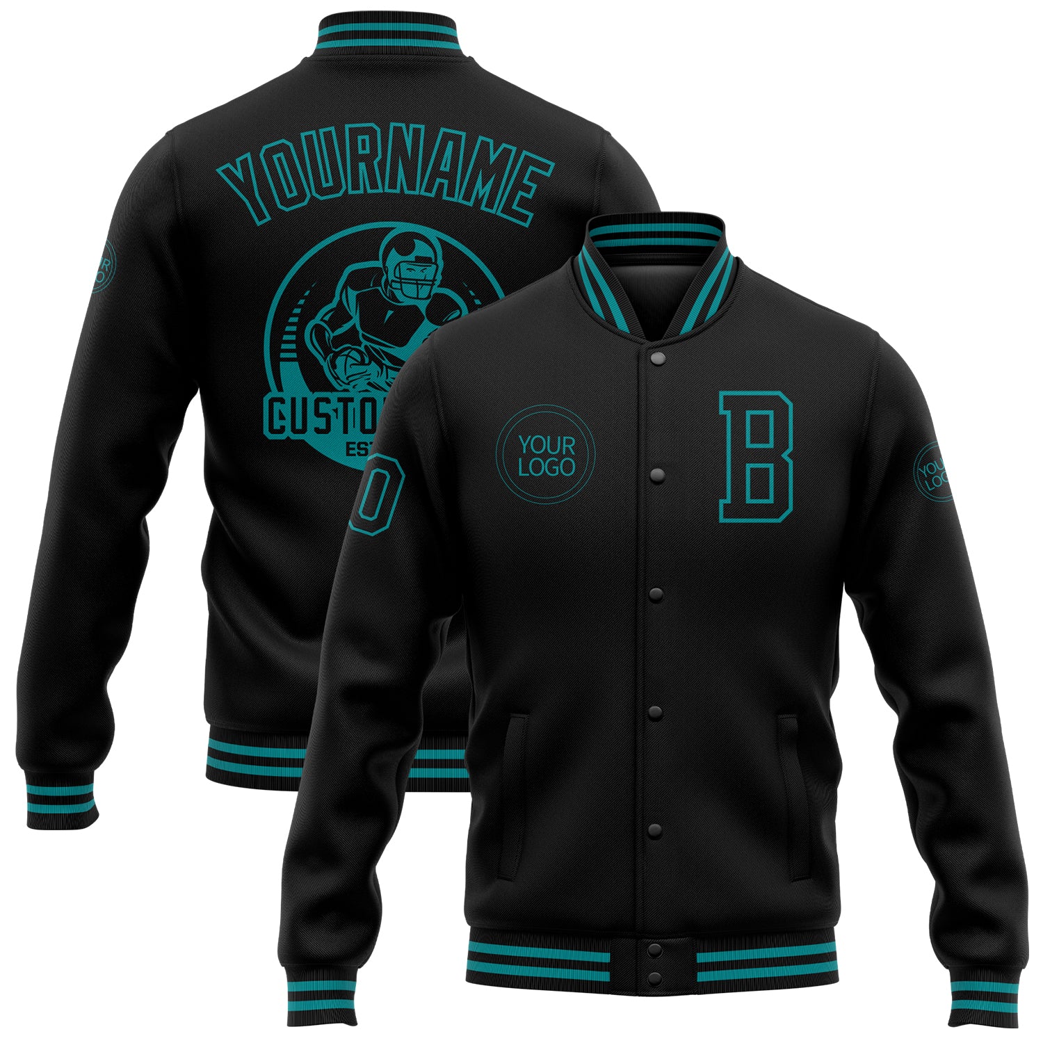 Personalized Bomber Jacket Black Teal Full-Snap Varsity Letterman Style Personalized Black Teal Bomber Full-Snap Varsity