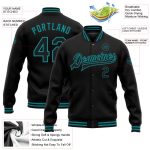 Custom Black Teal Varsity Letterman Jacket Full-Snap Bomber Jacket Personalized Black Teal Bomber Full-Snap Varsity Letterman