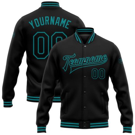 Custom Black Teal Varsity Letterman Jacket Full-Snap Bomber Jacket Personalized Black Teal Bomber Full-Snap Varsity Letterman