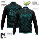 Black Teal Check 3D Tiger Bomber Varsity Letterman Jacket - Personalized Full-Snap Style Personalized Black Teal Check And