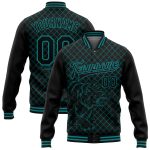 Black Teal Check 3D Tiger Bomber Varsity Letterman Jacket - Personalized Full-Snap Style Personalized Black Teal Check And