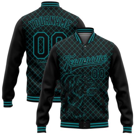 Black Teal Check 3D Tiger Bomber Varsity Letterman Jacket - Personalized Full-Snap Style Personalized Black Teal Check And