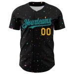 Personalized 3D Confetti Baseball Jersey in Black Teal and Gold Personalized Black Teal-Gold 3D Confetti Baseball Jersey