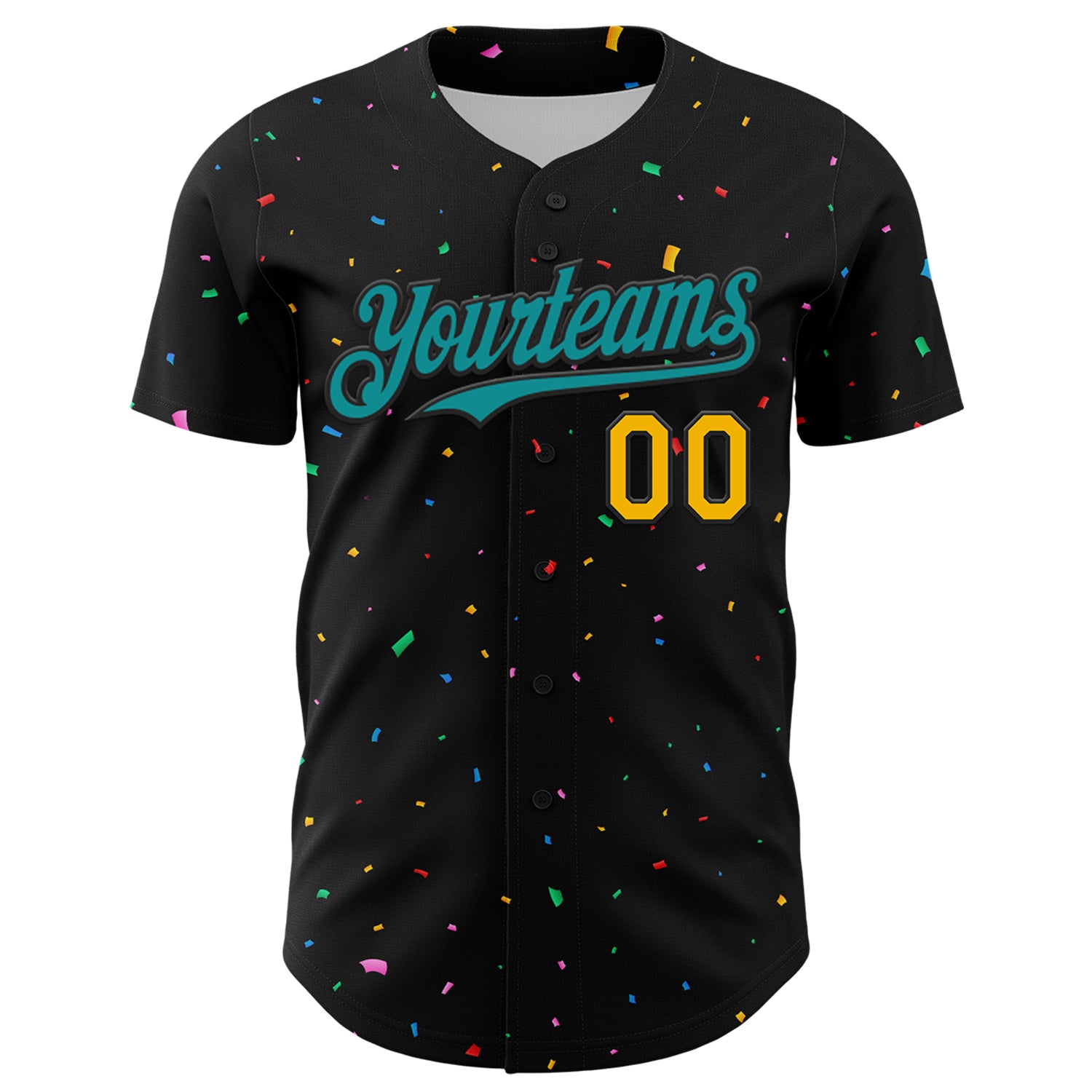 Personalized Black Teal-Gold 3D Confetti Baseball Jersey Personalized 3D Confetti Baseball Jersey in Black Teal and Gold Personalized Black Teal-Gold 3D Confetti Baseball Jersey - Image 2