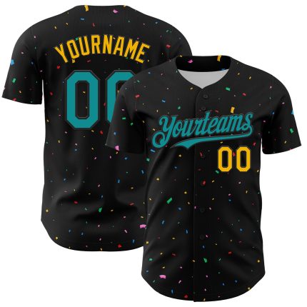 Custom Name and Number Personalized Black Teal Gold 3D Pattern Confetti Baseball Jersey Personalized Black Teal-Gold 3D Pattern
