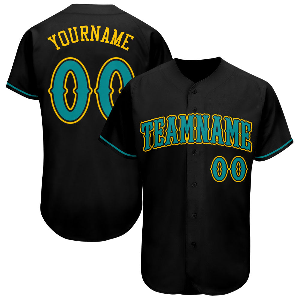 Custom Name Number Black Teal Gold Baseball Jersey - Personalized Authentic Team Apparel Personalized Black Teal-Gold Authentic