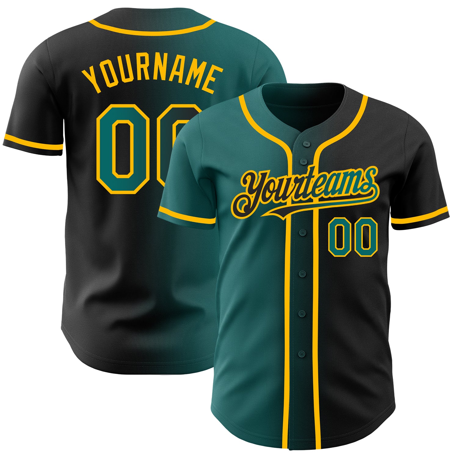 Custom Name and Number Personalized Baseball Jersey in Black Teal Gold Gradient Fashion Design Personalized Black Teal-Gold