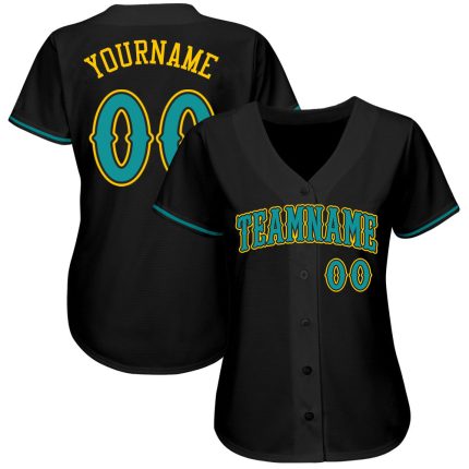 Personalized Black and Teal Gold Baseball Jersey for Men and Women Personalized Black Teal-Gold Baseball Jersey