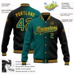 Personalized Teal Gold Gradient Bomber Varsity Letterman Jacket - Full-Snap Black Fashion Outerwear Personalized Black Teal-Gold