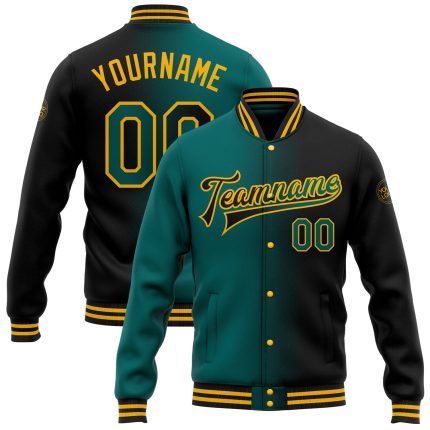 Custom Gradient Bomber Jacket with Name and Number - Teal Gold Full-Snap Varsity Letterman Fashion Jacket Personalized Black