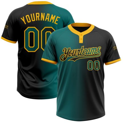 Personalized Unisex Softball Jersey in Black Teal-Gold Gradient, Stylish Two-Button Design Personalized Black Teal-Gold Gradient