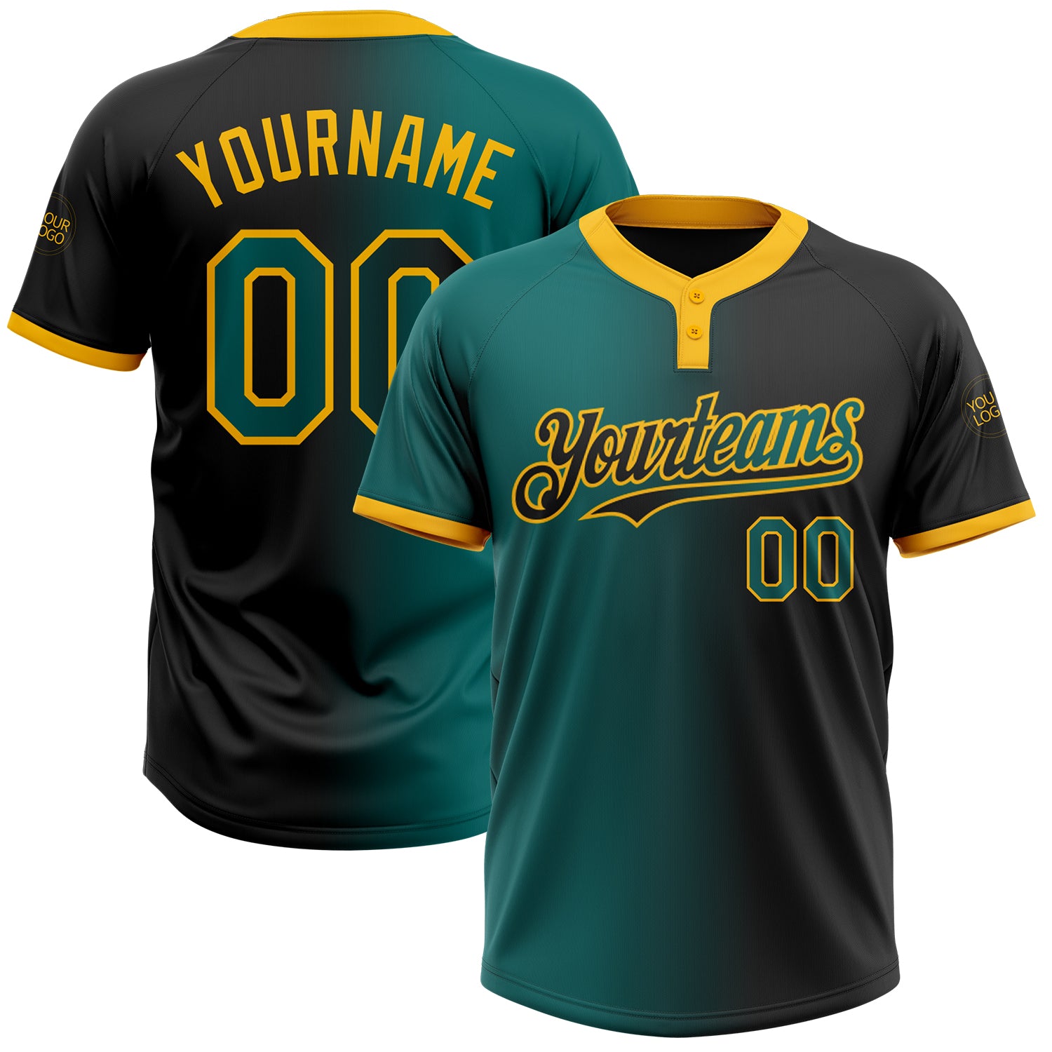 Custom Team Name Number Softball Jersey Unisex Two-Button Gradient Black Teal-Gold Fashion Personalized Black Teal-Gold Gradient