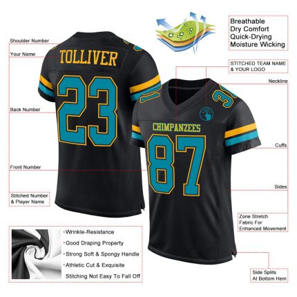 Personalized Football Jersey in Black Teal and Gold Mesh - Custom Sports Apparel Personalized Black Teal-Gold Mesh Football