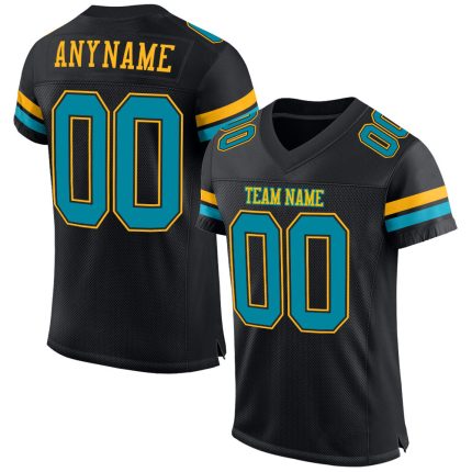 Personalized Football Jersey in Black Teal and Gold Mesh - Custom Sports Apparel Personalized Black Teal-Gold Mesh Football