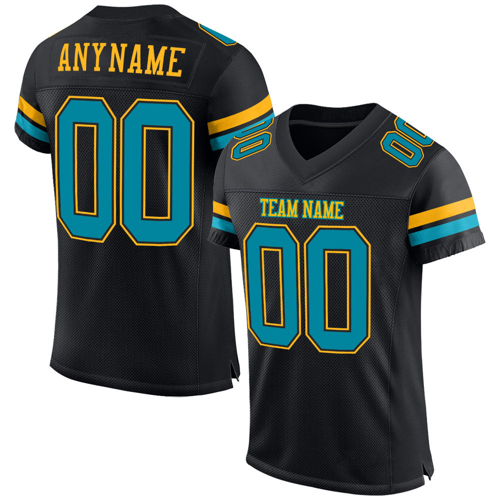 Personalized Football Jersey in Black Teal and Gold Mesh - Custom Sports Apparel Personalized Black Teal-Gold Mesh Football