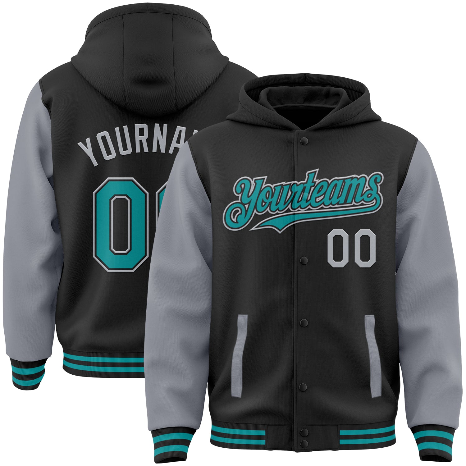 Custom Name and Number Two-Tone Bomber Hoodie Jacket in Black Teal-Gray Varsity Style Personalized Black Teal-Gray Bomber