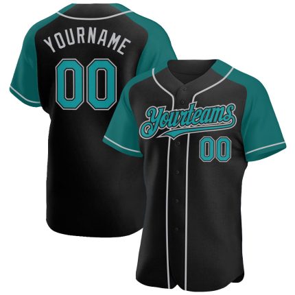 Personalized Baseball Jersey for Men in Black Teal-Gray Raglan Sleeves Personalized Black Teal-Gray Raglan Sleeves Baseball