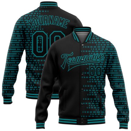 Personalized Black Teal Halftone 3D Varsity Letterman Bomber Jacket Full-Snap Personalized Black Teal Halftone 3D Bomber