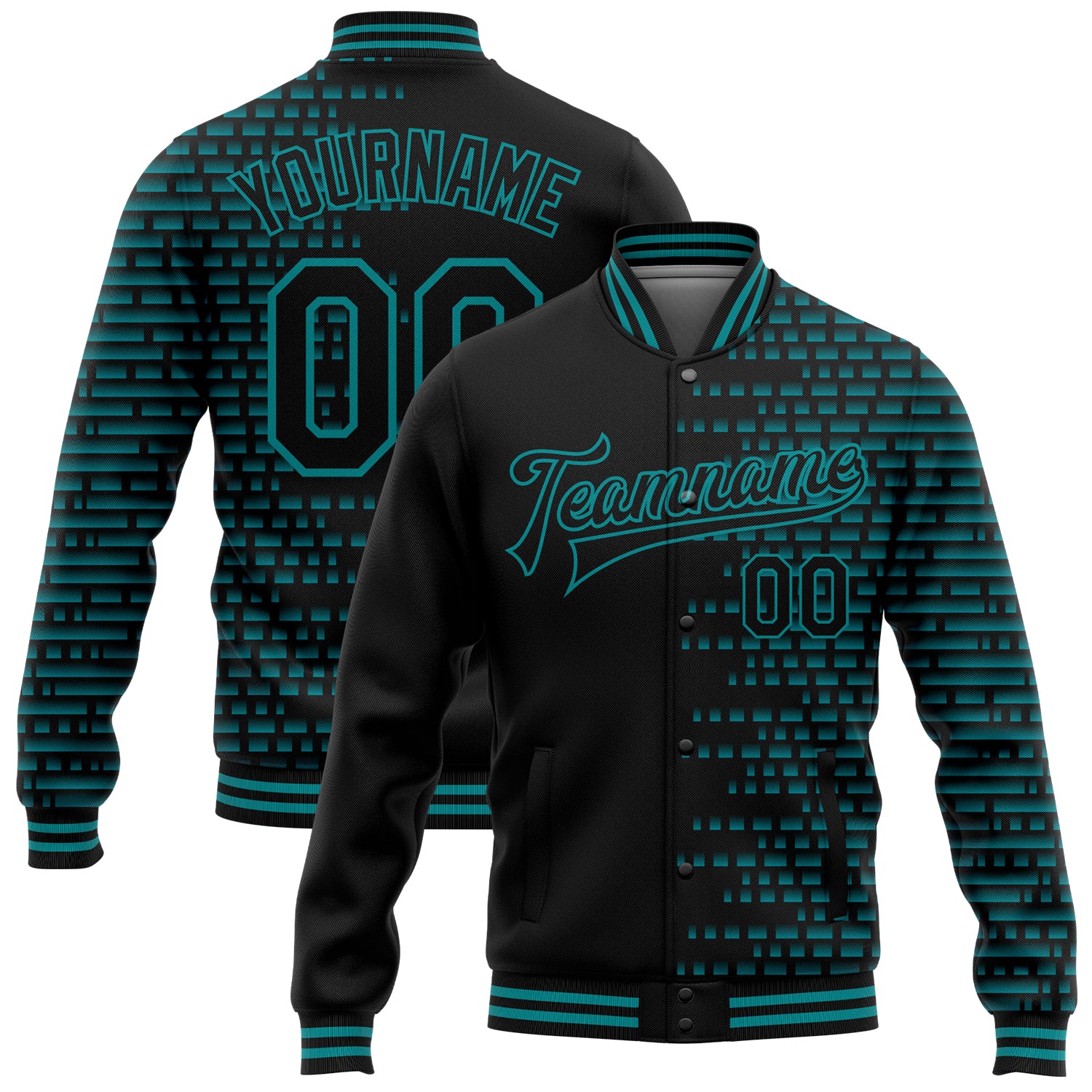 Personalized Black Teal Halftone 3D Varsity Letterman Bomber Jacket Full-Snap Personalized Black Teal Halftone 3D Bomber