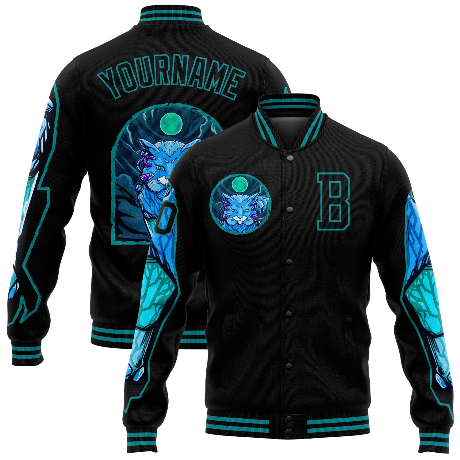 Personalized Leopard 3D Bomber Jacket in Black Teal - Full-Snap Varsity Letterman Style Personalized Black Teal Leopard 3D