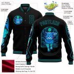 Personalized Leopard 3D Bomber Jacket in Black Teal - Full-Snap Varsity Letterman Style Personalized Black Teal Leopard 3D