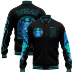 Custom Name Number Leopard Print Varsity Jacket Mens Bomber Full-Snap Black Teal Design Team Apparel Personalized Black Teal