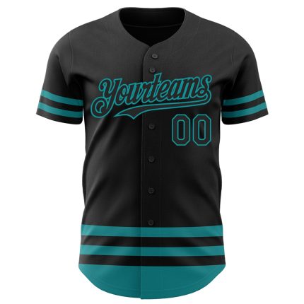 Custom Name and Number Personalized Authentic Baseball Jersey - Black Teal Line Design Personalized Black Teal Line Authentic