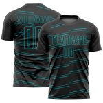 Custom Soccer Jersey with Personalized Name and Number, Black Teal Lines Design, Sublimation Team Uniform Personalized Black