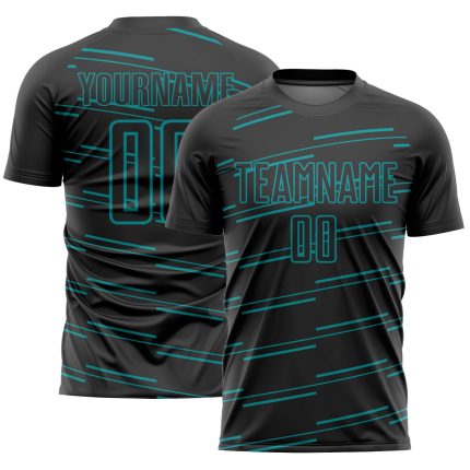 Custom Soccer Jersey with Personalized Name and Number, Black Teal Lines Design, Sublimation Team Uniform Personalized Black