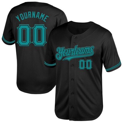 Custom Black Teal Mesh Baseball Jersey - Authentic Throwback Design Personalized Black Teal Mesh Authentic Throwback Baseball