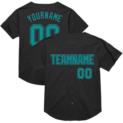 Personalized Black Teal Baseball Jersey - Throwback Mesh Design, Size 4 Personalized Black Teal Mesh Throwback Baseball Jersey