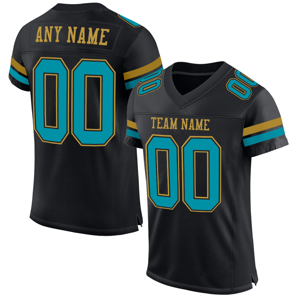 Custom Personalized Football Jersey with Black Teal and Gold Mesh - Team Name & Number Personalized Black Teal-Old Gold Mesh