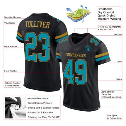 Personalized Black Teal Gold Football Jersey - Custom Mesh Sports Apparel Personalized Black Teal-Old Gold Mesh Football