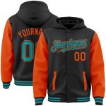 Custom Team Name Number Hoodie Jacket Two Tone Bomber Varsity Letterman Black Teal Orange Full-Snap Personalization Personalized