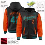 Custom Team Name Number Hoodie Jacket Two Tone Bomber Varsity Letterman Black Teal Orange Full-Snap Personalization Personalized