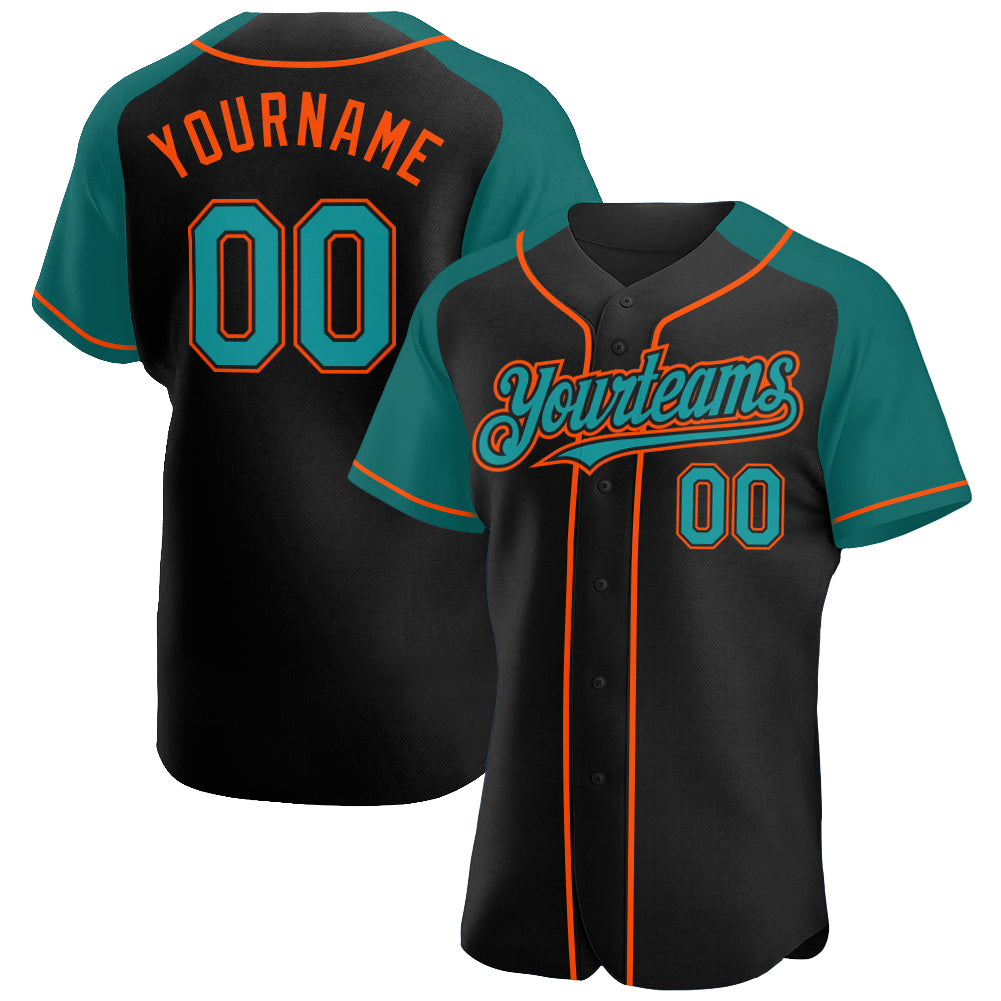 Personalized Black Teal Orange Baseball Jersey with Raglan Sleeves Personalized Black Teal-Orange Raglan Sleeves Baseball