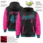 Custom Name Number Two Tone Hoodie Jacket Personalized Varsity Letterman Bomber Black Teal Pink Full-Snap Personalized Black