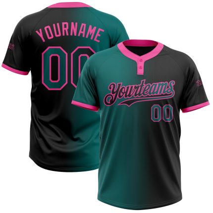 Personalized Softball Jersey Unisex Two-Button Fashion Black Teal-Pink Gradient Personalized Black Teal-Pink Gradient Fashion