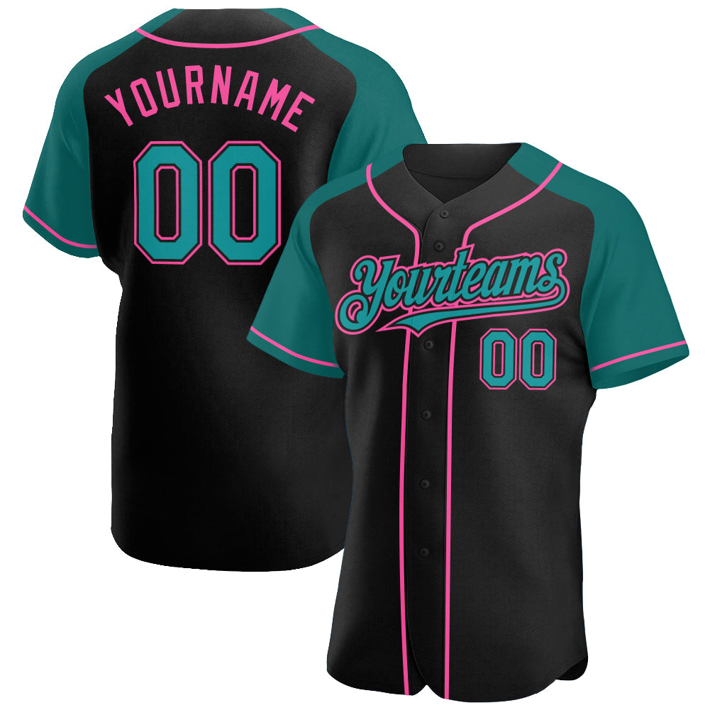 Personalized Baseball Jersey - Black Teal-Pink Raglan Sleeves for Custom Style Personalized Black Teal-Pink Raglan Sleeves