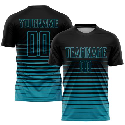 Custom Name Number Soccer Jersey Personalized Black Teal Pinstripe Fade Fashion Uniform Personalized Black Teal Pinstripe
