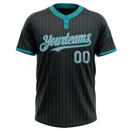 Personalized Teal Black Pinstripe Two-Button Unisex Softball Jersey Personalized Black Teal Pinstripe Gray Two-Button Unisex