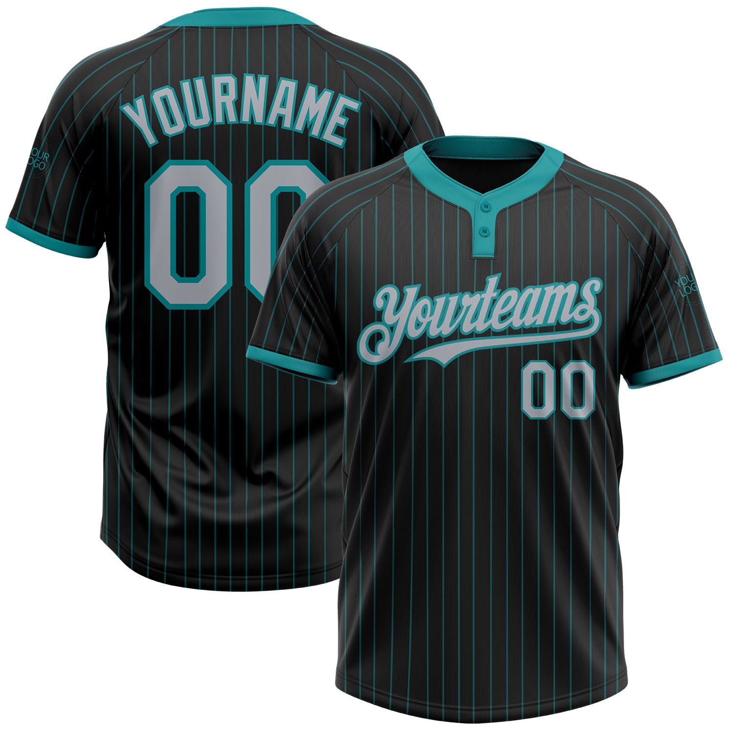 Personalized Teal Black Pinstripe Two-Button Unisex Softball Jersey Personalized Black Teal Pinstripe Gray Two-Button Unisex