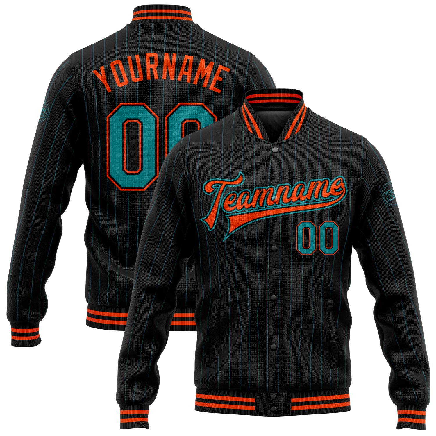 Personalized Black Teal Pinstripe Orange Varsity Letterman Bomber Jacket Full-Snap Personalized Black Teal Pinstripe Orange