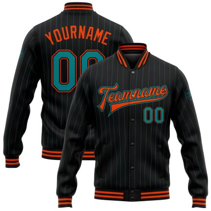 Custom Team Name Number Bomber Jacket Black Teal Pinstripe Orange Full-Snap Varsity Letterman Apparel Personalized Black