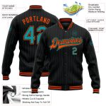 Custom Team Name Number Bomber Jacket Black Teal Pinstripe Orange Full-Snap Varsity Letterman Apparel Personalized Black