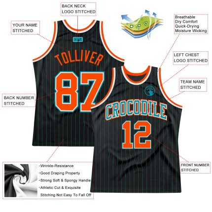 Custom Basketball Jersey - Personalized Black Teal Pinstripe with Orange Teal, Team Name and Number Personalized Black Teal