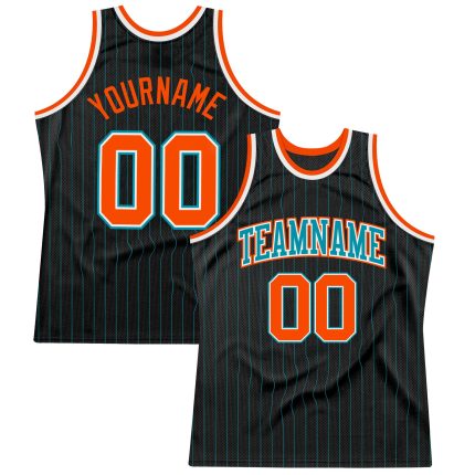 Personalized Black Teal Orange Basketball Jersey with Pinstripes - Custom Sports Wear Personalized Black Teal Pinstripe Orange-Teal